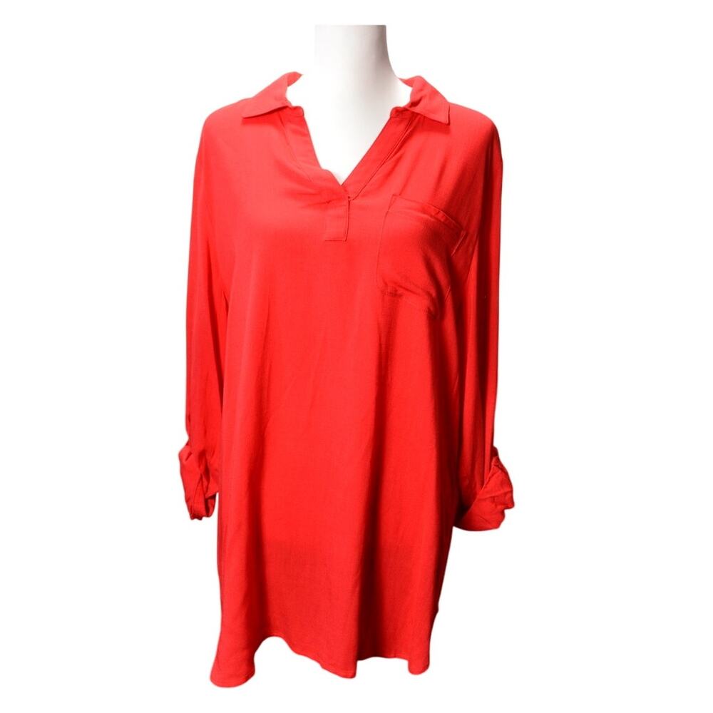 Chico's Women's Size 2 XL Red Roll Tab Sleeve Blouse Top Back Button‎ Detail